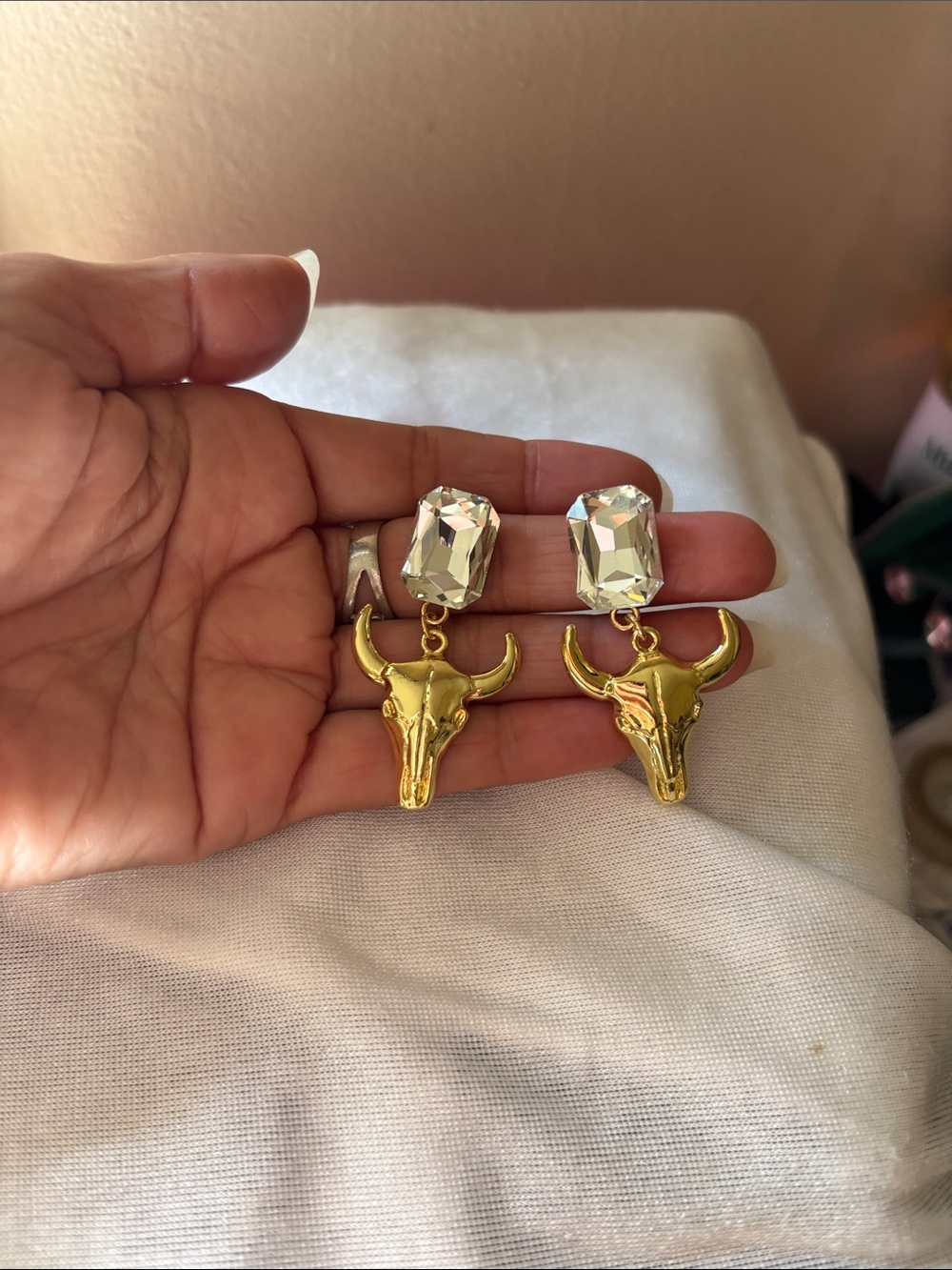 Gold Bull Skull Drop Earrings with Clear Crystal Studs